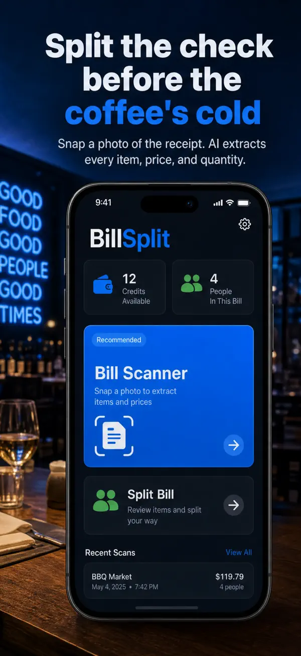 BillSplit split bill app home screen with AI bill scanner, credits, and recent restaurant scans