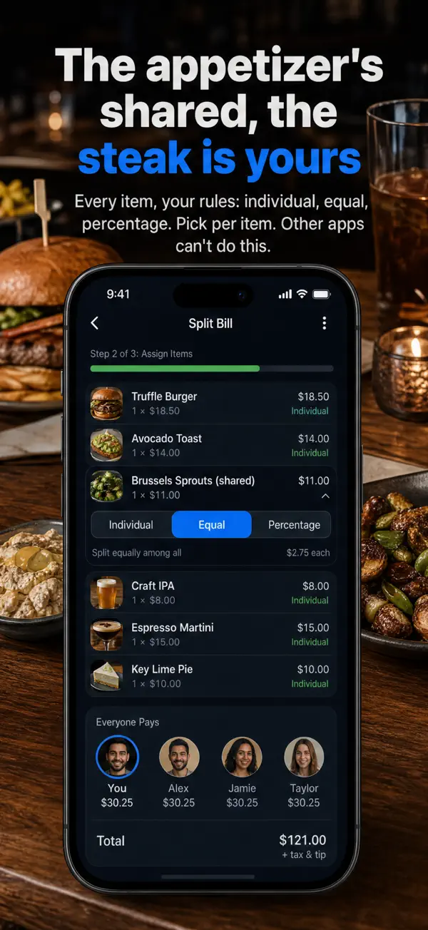 Assigning receipt items to each person in the BillSplit app, with a shared dish split equally and per-person totals
