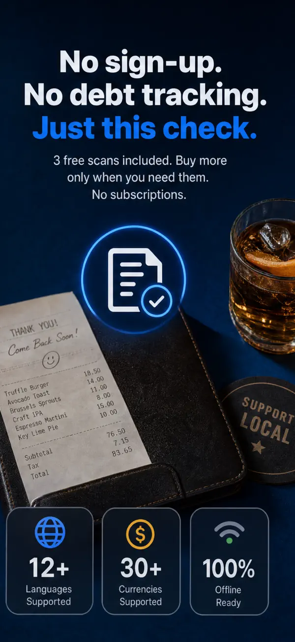 BillSplit works with no sign-up, 12+ languages, 30+ currencies, and offline manual entry — 3 free receipt scans included