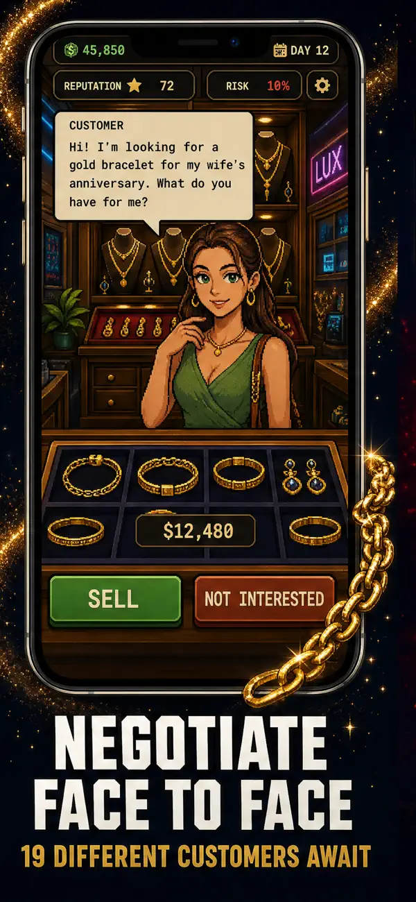 Face-to-face negotiation in Lux Broker with a customer asking for a gold bracelet, sell or refuse