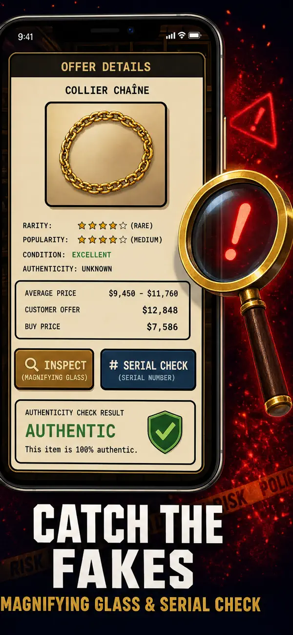 Inspecting a luxury item for counterfeits in the Lux Broker pawn shop simulator