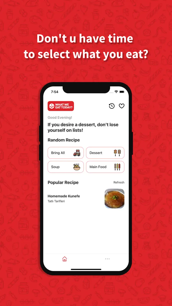 What Cook Today app home screen with random recipe buttons for soup, dessert, and main dishes when you can’t decide what to eat