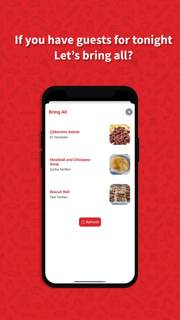 Bring All feature suggesting a full dinner menu — kebab, soup, and dessert — for guests in the What Cook Today app