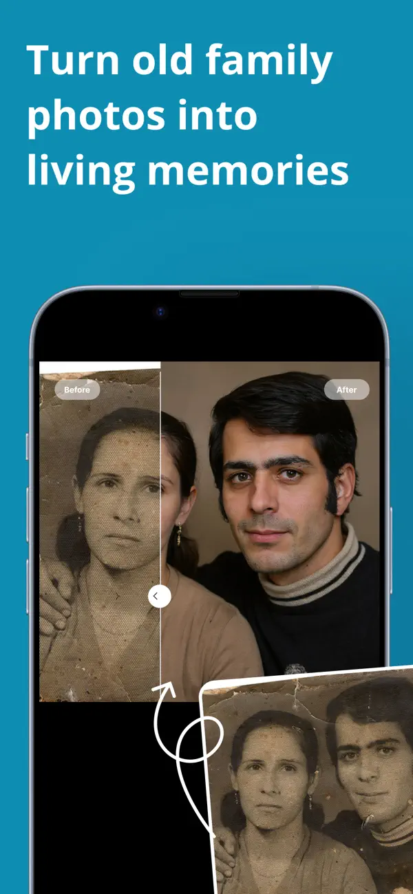 Refect photo restoration app before and after: a damaged old family photo repaired and colorized
