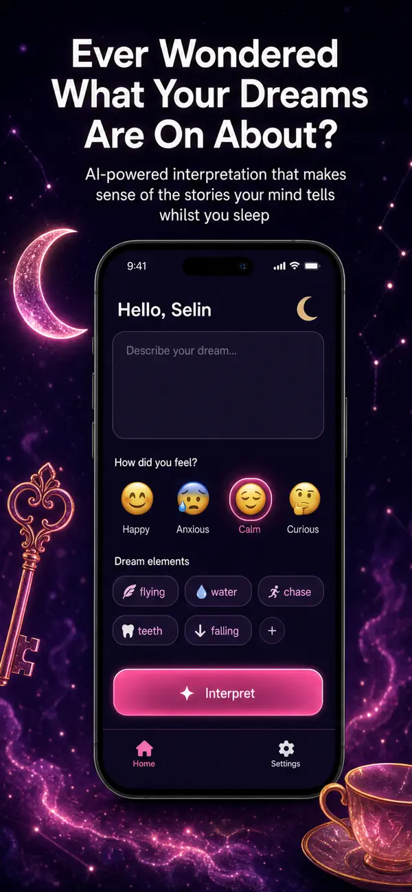 Voneir dream interpretation app home screen where you describe your dream, tag how you felt, and add dream elements like flying or teeth