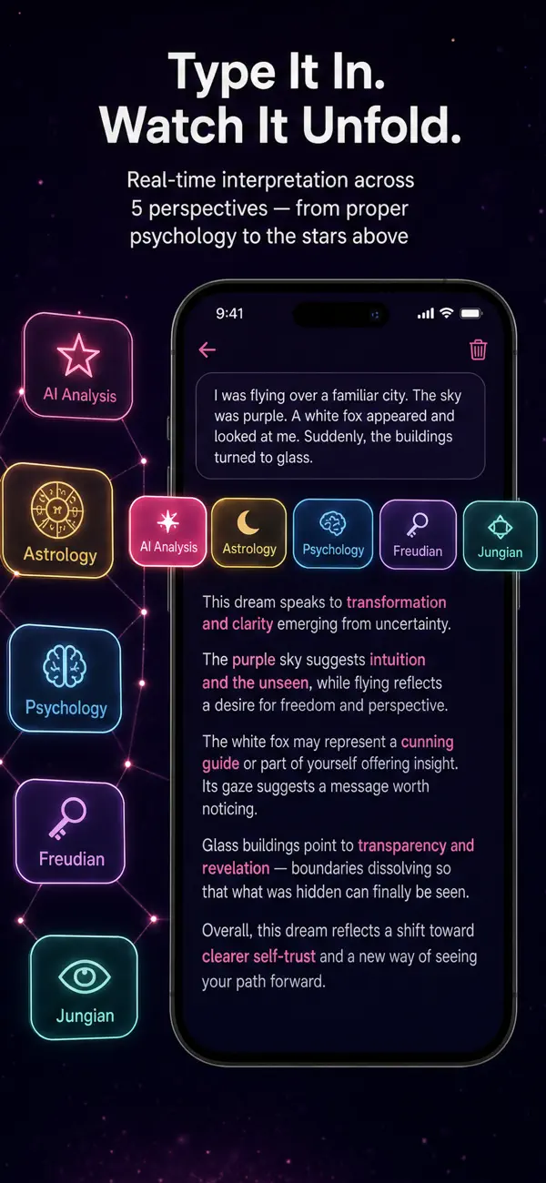 AI dream interpretation in Voneir analyzing a dream in real time across five styles including astrology, psychology, Freudian, and Jungian
