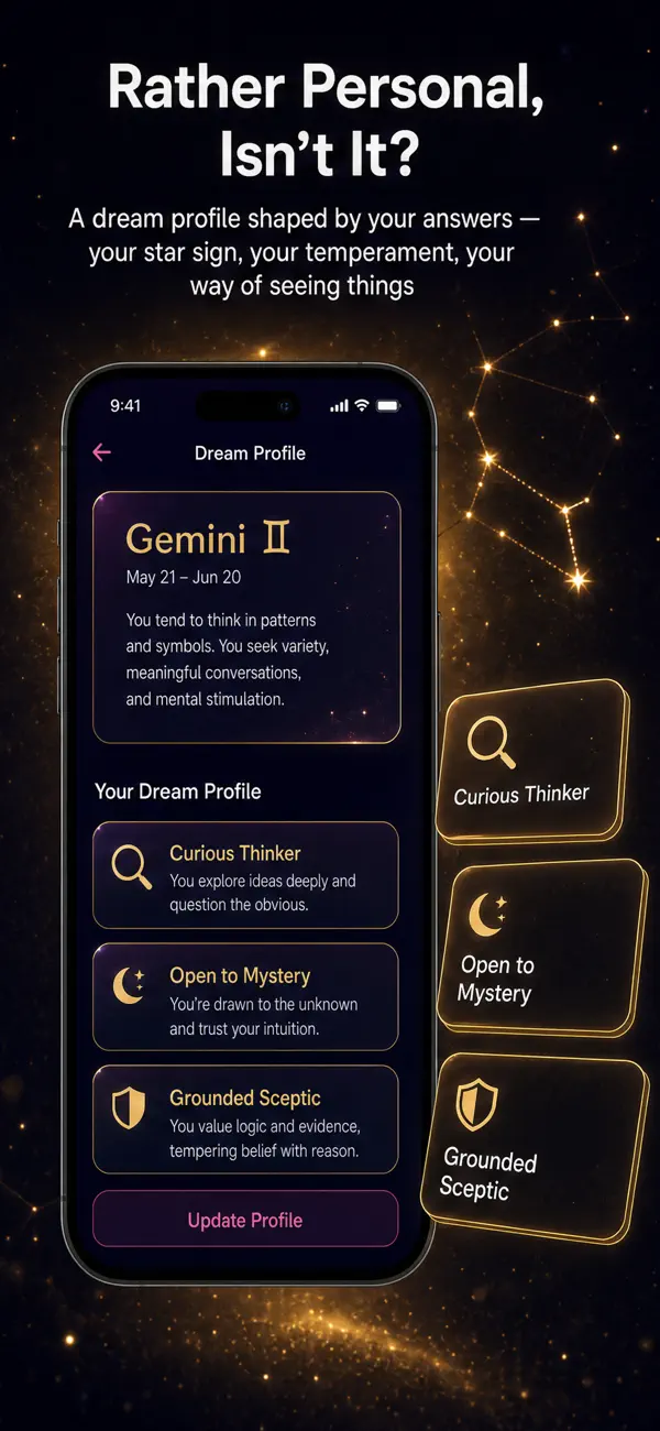 Voneir dream profile screen with your star sign and temperament, used to personalize every dream interpretation